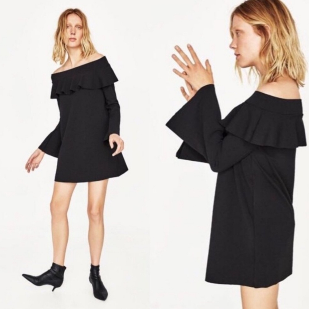 Zara off the shoulder ruffle bell trumpet sleeve mini dress Size S